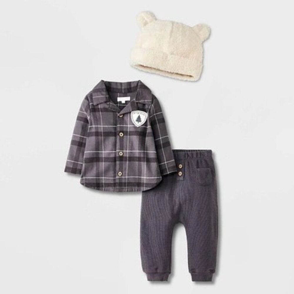 Grayson Mini Baby Boys' Flannel Set with Hat 0-3 MO NEW WITH TAGS